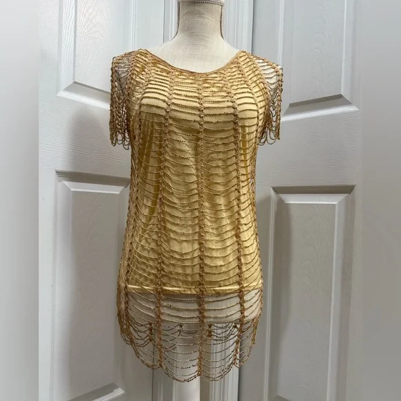 Vintage Gold Mesh Golden Beaded Overlay size L - Picture 1 of 11